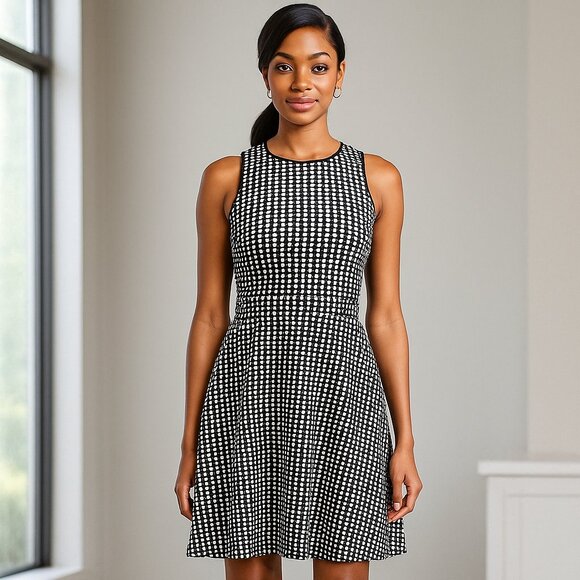 Ann Taylor Loft Women 4 TAN & BLACK Fit & Flare Textured Geometric Dress Classic - Picture 1 of 13